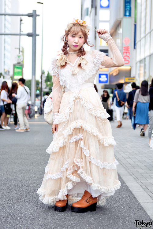 23-year-old Tyatyamal on the street in Harajuku wearing a vintage dress from Meno with a Freckleat b