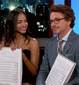rdjgifsdaily: Robert Downey Jr &amp; Zoe Saldana making cute faces at each other.