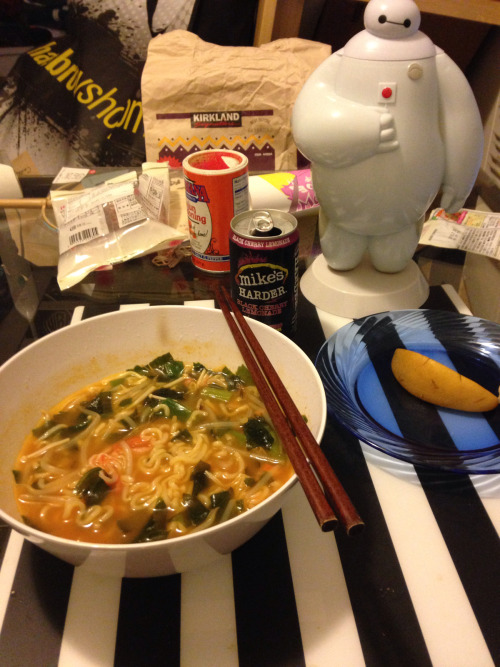 Eating dinner with Baymax, sipping some Mike’s hard lemonade, and enjoying my Friday night. GONNA HAVE SOME ICE CREAM AFTER THIS TOO!! :DAnd then I’ll work more on Ultron :3