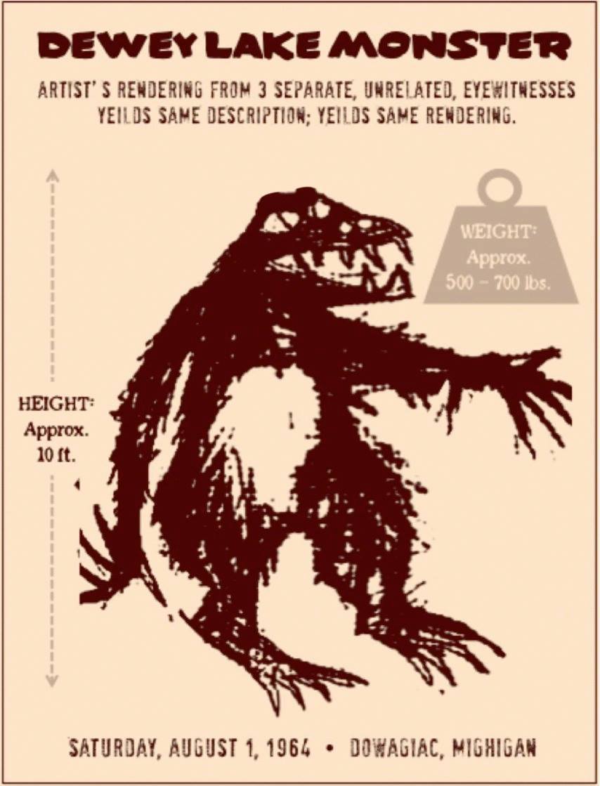 cryptid-wendigo:The Dewey Lake Monster is usually described as a 10 foot tall Bigfoot-type