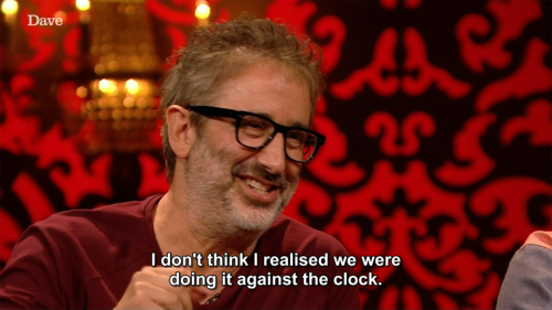 [ID: Four screencaps from Taskmaster. Smiling, David Baddiel says, “Can I just tell you something? I