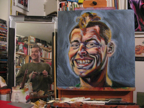 Process pics of self-portrait, 18"x18", acrylic on canvas