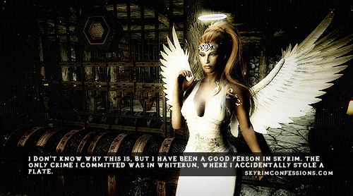 skyrimconfessionss:  “I don’t know why this is, but I have been a good person in skyrim. The only crime I committed was in Whiterun, where I accidentally stole a plate.” skyrimconfessionss.tumblr.com - Image credit: [x]
