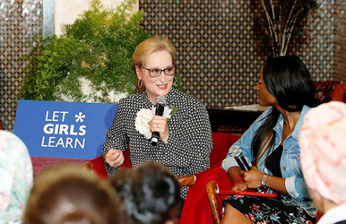 Michelle Obama and Meryl Streep speak during a conversation with Moroccan adolescent girls moderated