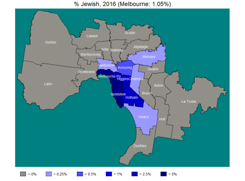 mapsontheweb:  Melbourne has the largest Jewish population of any city in Australia, at ~1% of the population. The Jews of Melbourne tend to live in the coastal suburbs. Caulfield, in the electorate of Melbourne Ports (now renamed Macnamara) is a center