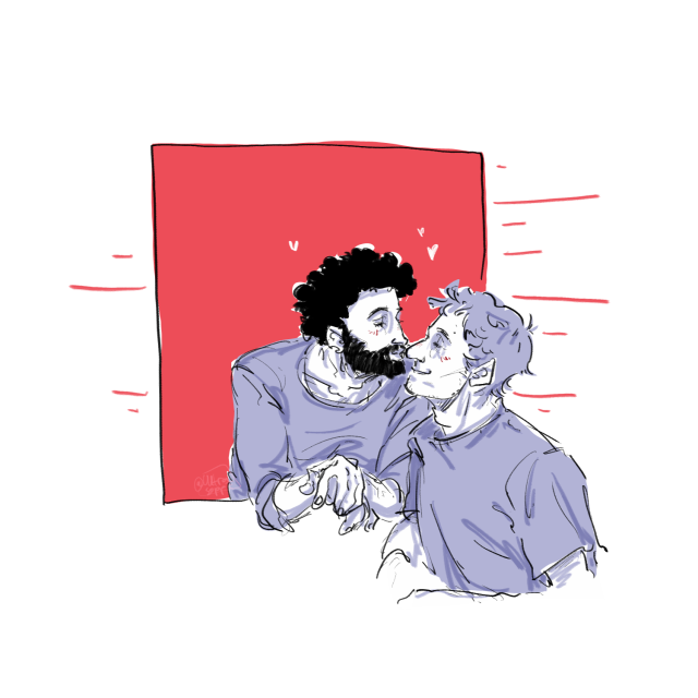 A digital drawing of Joe and Nicky. Joe is to the left and is leaning out a windowsill and leaning in to kiss Nicky's nose. They are both smiling and closing their eyes. They are colored with a pale blue and the window is pale red.