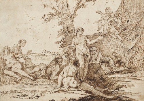 Six Nymphs and Two Putti by a Pool by Francesco FontebassoItalian, 18th centurybrown ink over black 