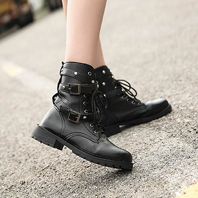 kaonoshi: Black Soft Round Toe Lace Up Trending Rivet Buckle Boots Discount Code : Jan15off (15% off