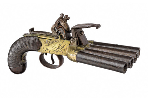 Four barrel flintlock duckfoot pistol produced by G. Goodwin &amp; Co. of London, 18th century.from 