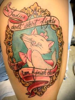 fuckyeahdisneytattoos:  My favorite movie growing up and one that I would watch with my dad every day. It helped us bond over music, cats, and life lessons that I obviously still go by ;] I got it done by none other than John LeRoux at Deep Roots Tattoo