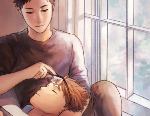 kittlekrattle:   “Reading by the window again, huh?” Iwaizumi smiles, a little out of breath when Oikawa turns his way. The sun kisses Oikawa’s skin and illuminates him, making everything from his tousled hair to his fingertips shine with a beauty