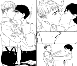 hotsinglesreadyforpringles:  eren thinks hes smooth and tries 2 catch jean off guard he gets better at smoochin like too good??? jean is slowly swept away lmao  also an excuse to post erejean porn Read More 