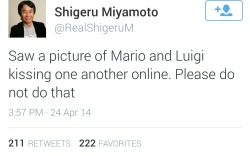 minfotibaken:  Wait till he sees all those Bowser pics.     At least he didn&rsquo;t say anything about all the Peach R34. Fap on Shigeru, fap on.