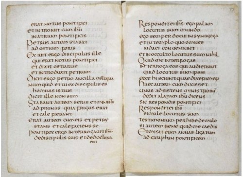 St Cuthbert’s Gospel - f76r and 77v - Is Europe’s oldest fully bound book.  Found inside the t