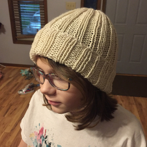 Rosie’s plain knit cap for her Opal Lynch costume. It’ll look REALLY cute over her wig!
