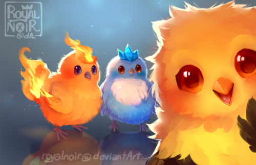 royalnoir12:Articuno, Zapdos and Moltres as baby chicks! With the team leader memes going around