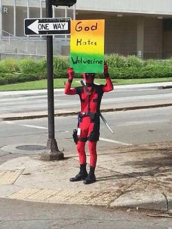 funniestpicturesdaily:  Westboro Baptist Church is at it again.    This is why we love Deadpool