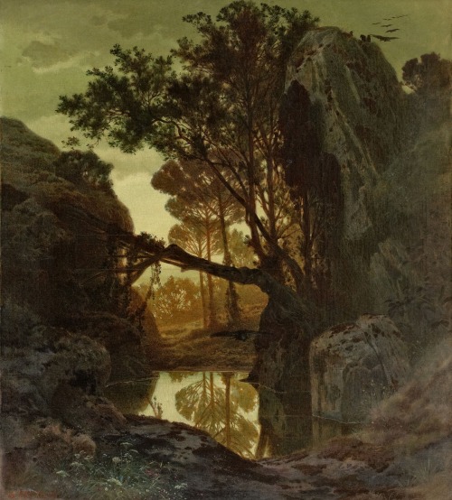 the-esoteric-arts: Wooded Landscape with Rocks and See by Ferdinand Knab