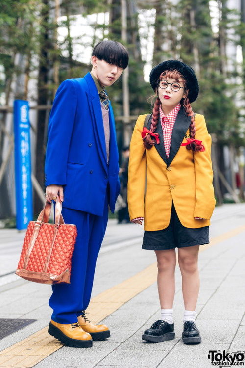 Tokyo fashion students Ibu and Banana on the street in Shibuya wearing mostly vintage fashion includ