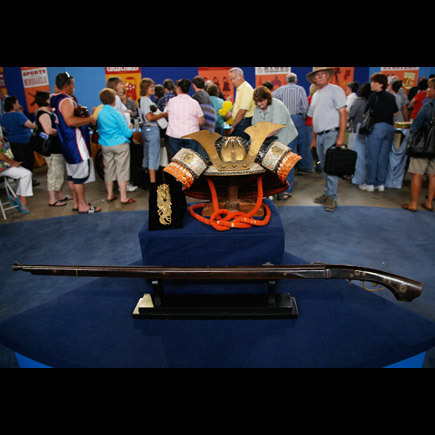 Japanese helmet and matchlock musket featured on “The Antiques Roadshow”.  Originates from the 19th 