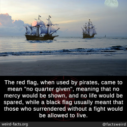 mindblowingfactz:  The red flag, when used by pirates, came to mean “no quarter given”, meaning that no mercy would be shown, and no life would be spared, while a black flag usually meant that those who surrendered without a fight would be allowed