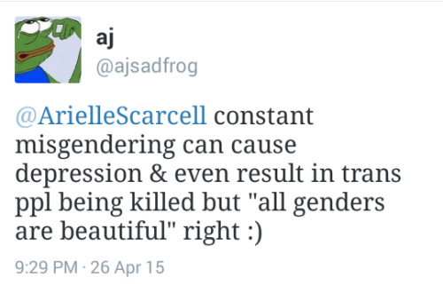 runawayufo: my responses to cis lesbian youtuber Arielle Scarcella’s disgusting transphobic tweet, which resulted in me being (once again) blocked.   arielleishamming why do you hate trans people so much 