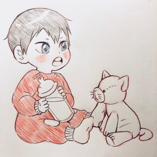ainudraws: Baby Shouyou and teddy. Baby Tobio and kitty <3  I’ve been thinking about making stickers out of these… what do you think? I’ll try to draw them together tomorrow, let see how it goes :0 