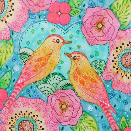 Lovebirds - Watercolour & Inks with fine liner detail.