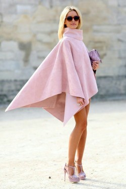 greatlegsandhighheels:  Fabulous legs spilling out of the bottom of a pink cape mounted in platform high heels
