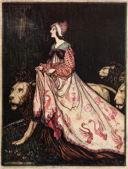 artist-rackham:She went away accompanied by the Lions, Rackham Arthur