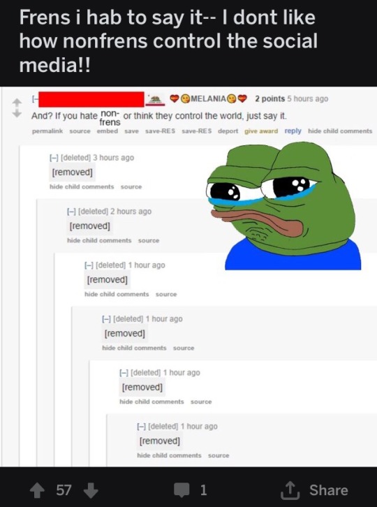feetpicdealer:  feetpicdealer:  Latest weird development in Reddit nazisr/frenworld: Pepe memes that use “non-fren” in place of whatever minority they’re complaining about. An easy way to avoid punishment from anyone who’s a moron and can’t