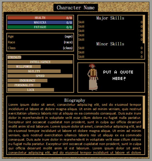 anhelans:  morrowind-style about themehave you always wanted to represent your character with morrowind’s interface….. except on tumblr? well now you can!live preview here! code here!please like or reblog if you use it, if you have any questions about