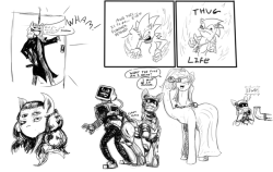 testostepone:Sketches from tonight’s stream. Four Eyes belongs to Scarecrows, 8-Bit to 8-Bitty, Sile to Sile, and Sonic can fuck off I really don’t know what I’m doing