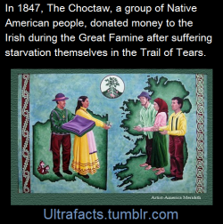 greatfulldedd:  ultrafacts:  A group of Native American Choctaws in 1847 came together to raise money for the Irish people during the great famine. It had been just 16 years since the Choctaw people had experienced the Trail of Tears, where they had faced