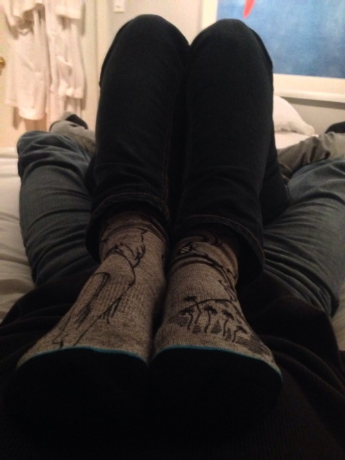 sammifeet:  Wore these cool volcano socks all day. Finally before we enjoyed our New Year’s Eve together, James had some fun with them. He loved their scent and the how soft combed cotton felt on his cock. Once both socks were off, a volcano erupted.
