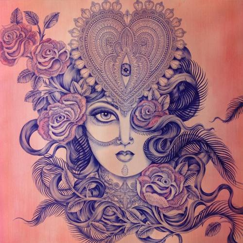 Commission ‘Indian Summer’ 50x50cm watercolour and biro#sairahunjan #thegirlwiththegolde