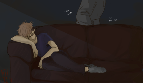 hachidraws:  Eren has been out on a solo job for weeks on end, and gets home a couple days early to find Jean asleep on the couch. (courtesy of Kenji from twitter earlier today)