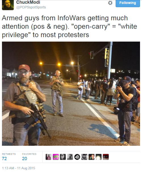 iwriteaboutfeminism:Three white militia men show up at protest in Ferguson with assault rifles. Poli