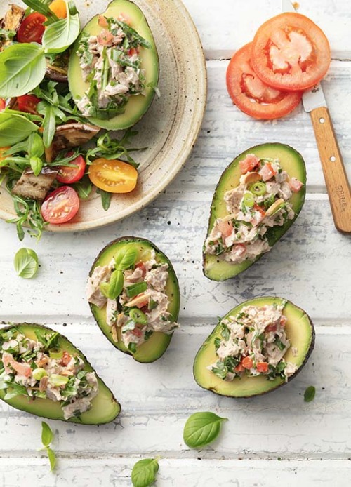 Tuna Filled Avocado with Tomato Salad - No cook and easy for summer!