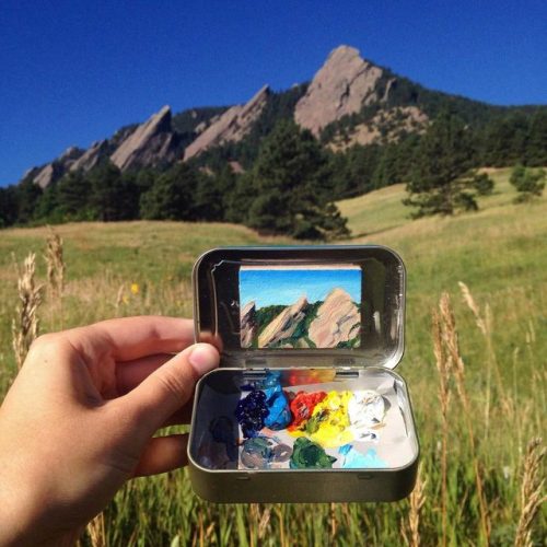 archatlas:  Miniature Landscapes by Heidi Annalise      Heidi Annalise is the Colorado-based artist behind these 2x3-inch tiny oil painting, joyfully created on site amidst mosquitos, blistering heat, and frigid winds! Each painting captures a unique