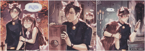 myetie:  Halloween with the RFA MembersI hope everyone had an amazing Halloween! These mini strips are based on @zens-ponytail​‘s (angst queen) head canons about the RFA entering a Haunted House Attraction ++ mixed with the RFA Halloween Party Outfits!