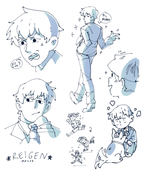 papyarts:working on sticker designs, realized ive never really drawn reigen? what is his hair