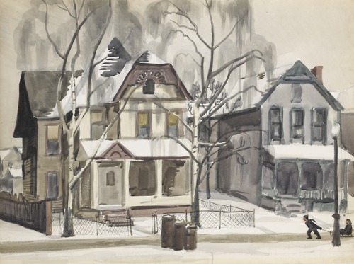 Charles Burchfield (American, 1893-1967), Winter Street Scene with Children, 1928. Watercolor on pap