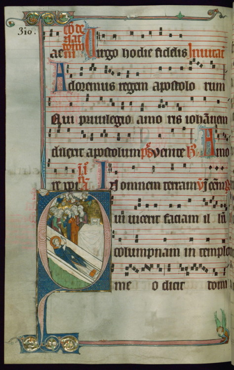 Beaupre Antiphonary, Vol. 3, Initial “Q” with St. John the Evangelist lying in coffin, b