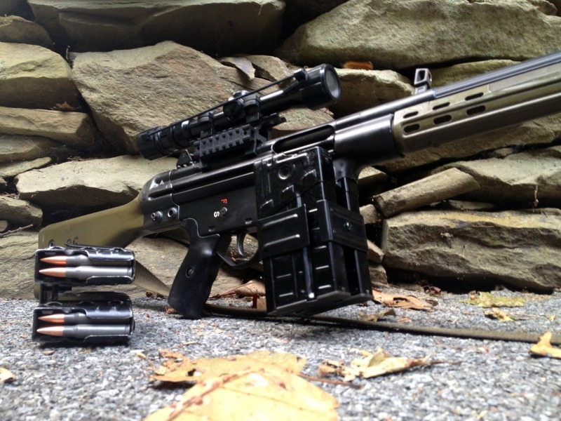 gunrunnerhell:  Clamped A Century Arms CETME with G3 aluminum magazines and a mag