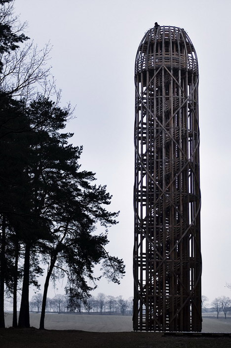 templeofposeidon:  “This 25-metre wooden lookout in the Czech Republic by Mjölk Architekti is named Cucumber Tower in an attempt to discourage association with phallic forms… Constructed from larch, the tower has a straight shaft with a curved
