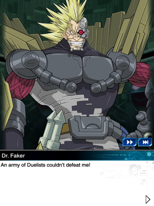 Area 6 of the Duelist Road unlocked, with a tag-team duel against Dr. Faker and the mysterious Baria