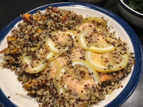 Made quinoa, sweet potato, and salmon in the pressure cooker. Also sautéed kale and rapini. T