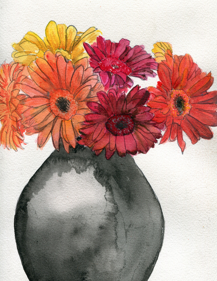 havekat: Painted Daisies Watercolor and Chinese Ink On Cotton Paper 2016, 9″x 12″