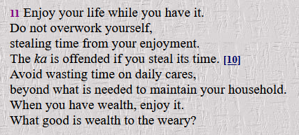 another proverb from the same source. full text: 11 Enjoy your life while you have it. Do not overwork yourself, stealing time from your enjoyment. The ka is offended if you steal its time. [10] Avoid wasting time on daily cares, beyond what is needed to maintain your household. When you have wealth, enjoy it. What good is wealth to the weary? 